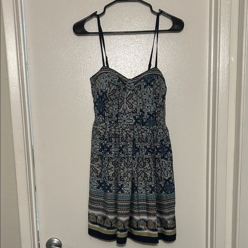 American Rag Strapless Dress with Blue and Cream Pattern